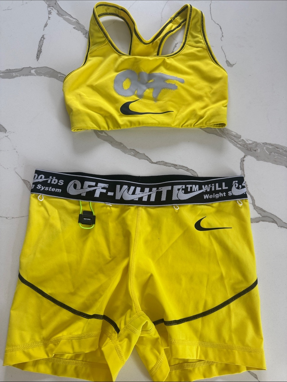 Nike Off White Women's Yellow Athletic Shorts and Sports Bra